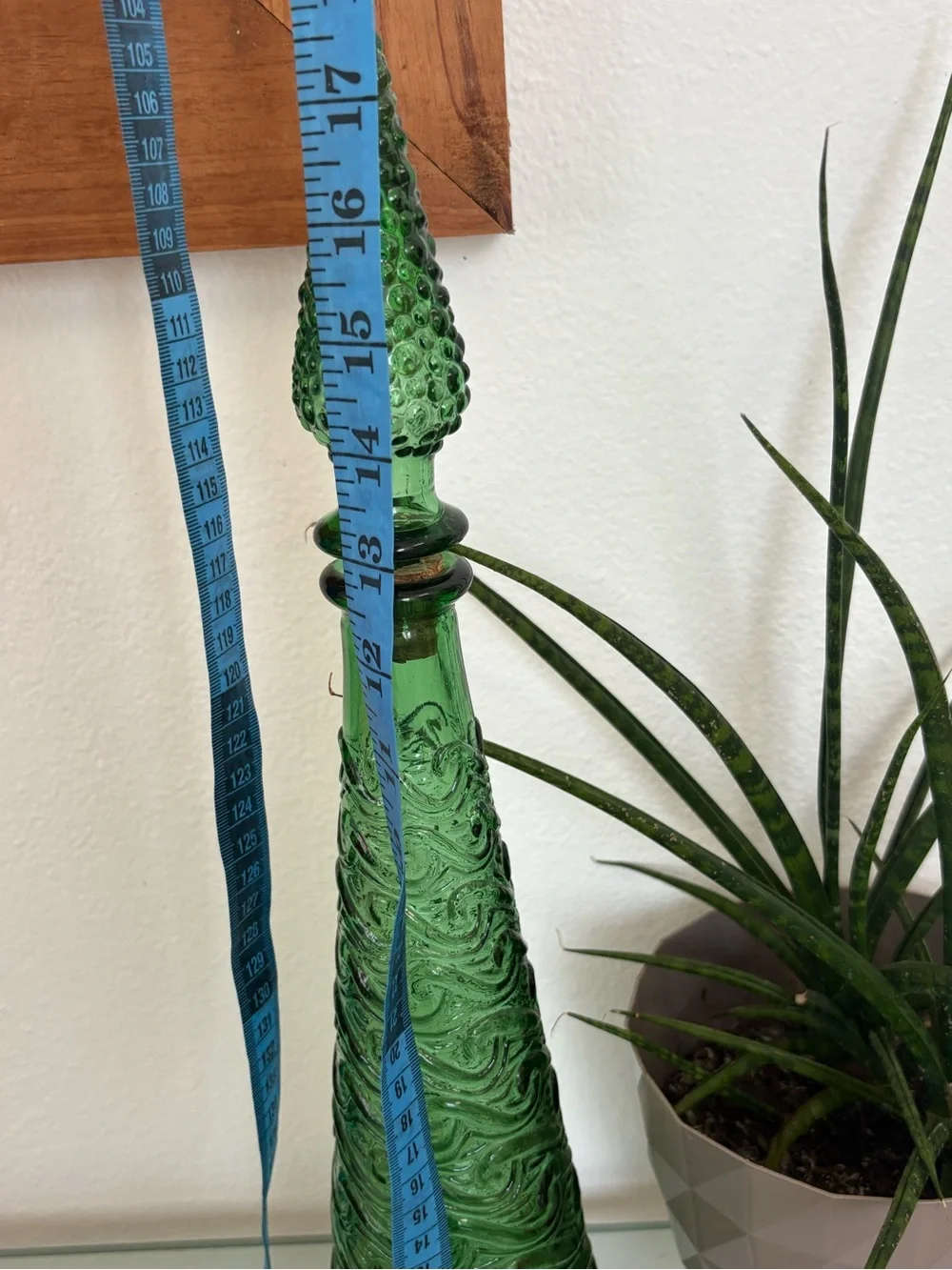 Vintage Tall Green Empoli Wave Pattern Glass Genie Bottle with Stopper
